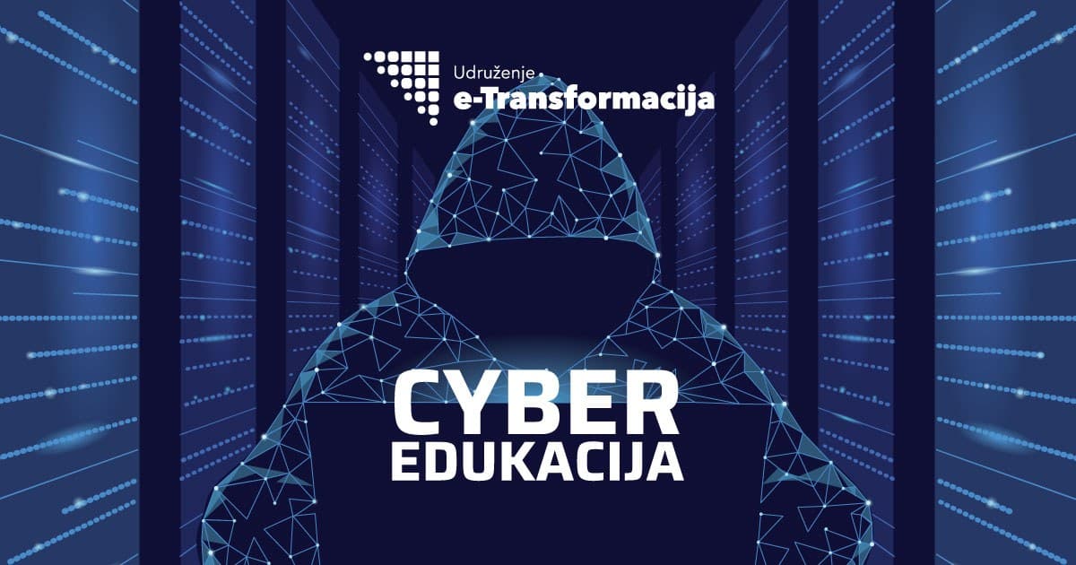 Cyber Edukacija by Udruženje e-Transformacija: a hooded figure drawn in network lines in a server room