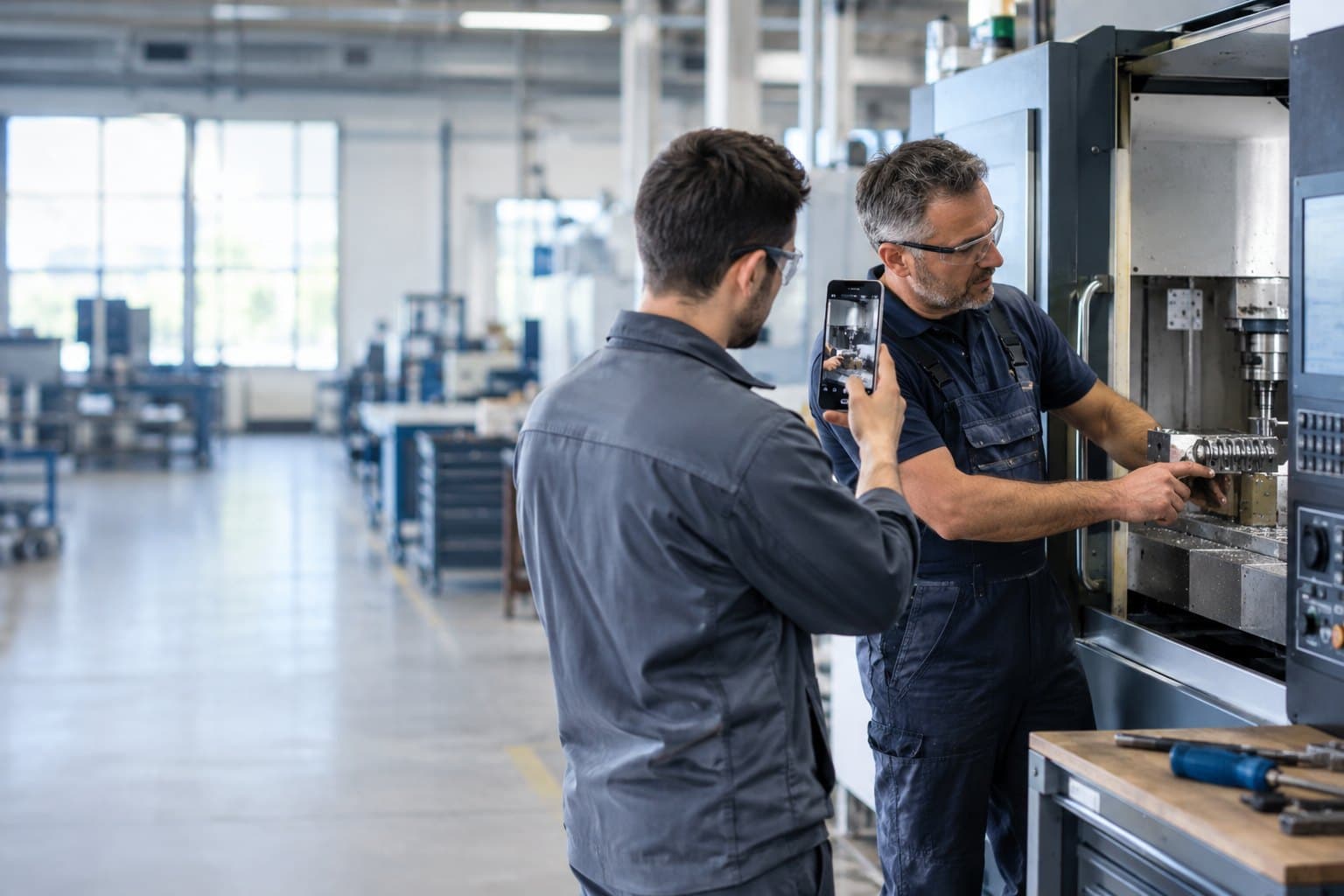 An employee records an experienced colleague on a phone as he demonstrates a machine setup