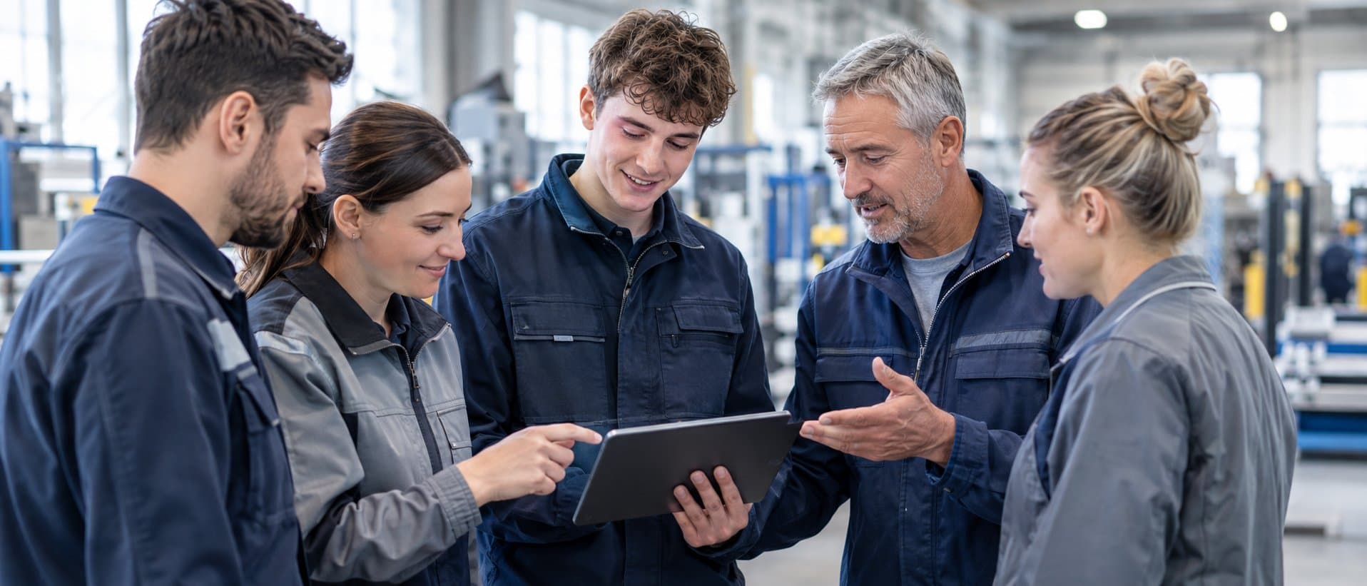 A production team reviews a lesson on a tablet together on the factory floor
