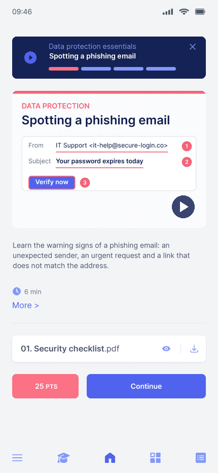 The updated lesson in the MindForge app: Spotting a phishing email, a six-minute video with a security checklist PDF