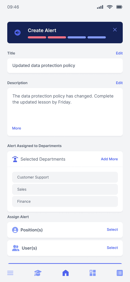 An alert about an updated data protection policy, sent to the Customer Support, Sales and Finance departments
