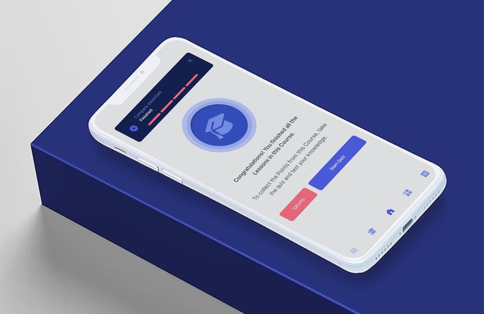 The MindForge app after a finished course: a congratulations message and a prompt to take the quiz for 125 points