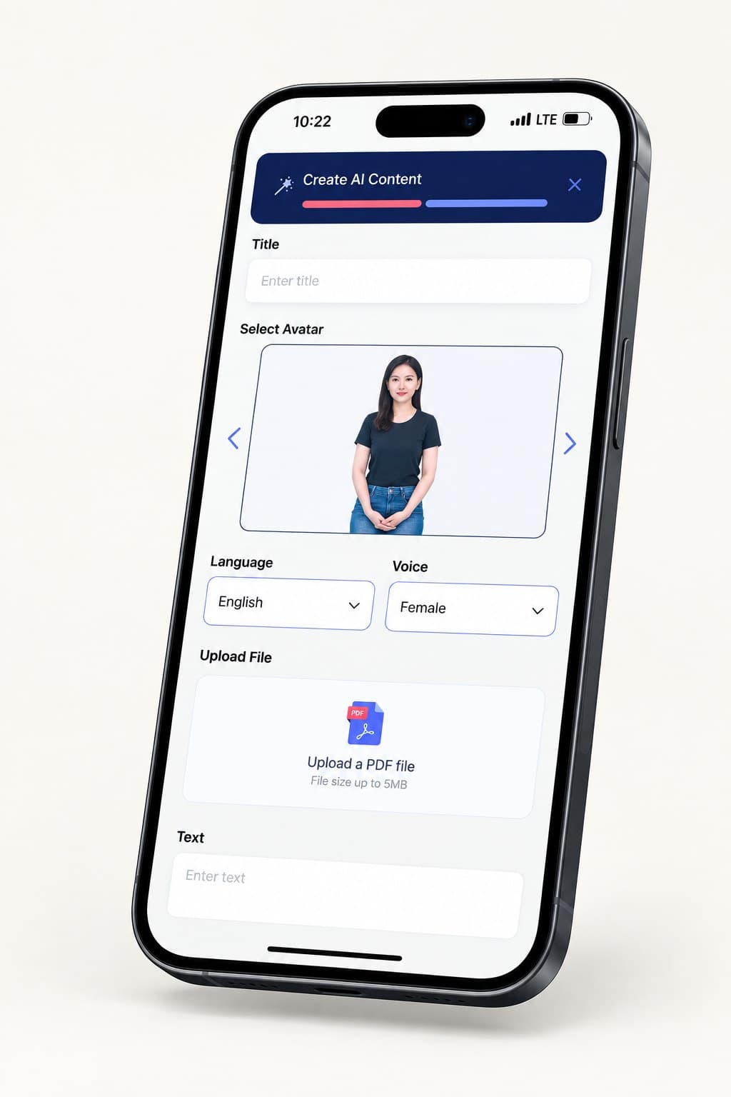MindForge mobile app creating AI content: choose an avatar, language and voice, then upload a PDF file or enter text