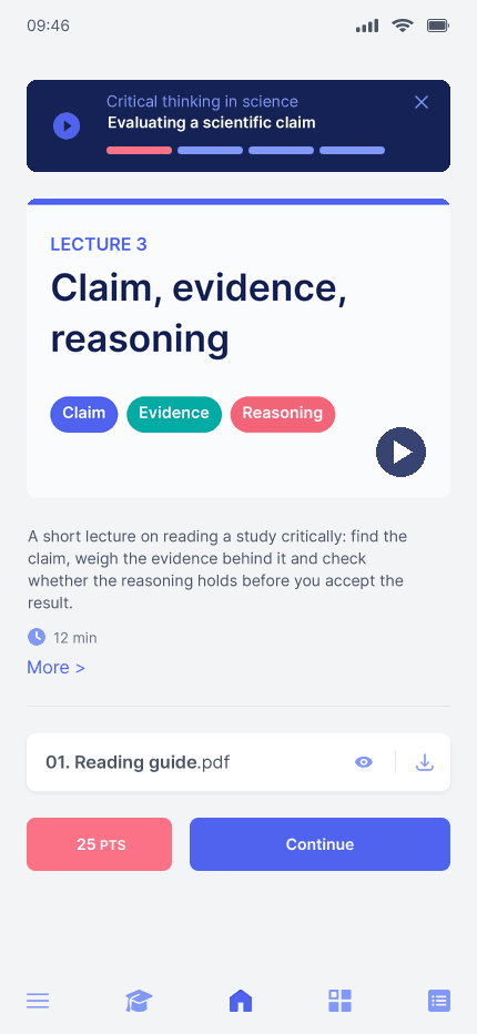 The same lesson in the MindForge learner app on a phone, part of a Critical thinking in science course