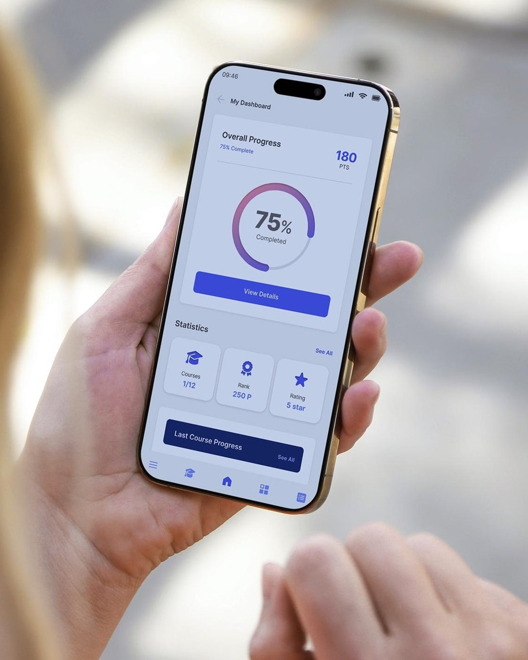 A learner holds a phone showing the MindForge dashboard with overall progress and course statistics