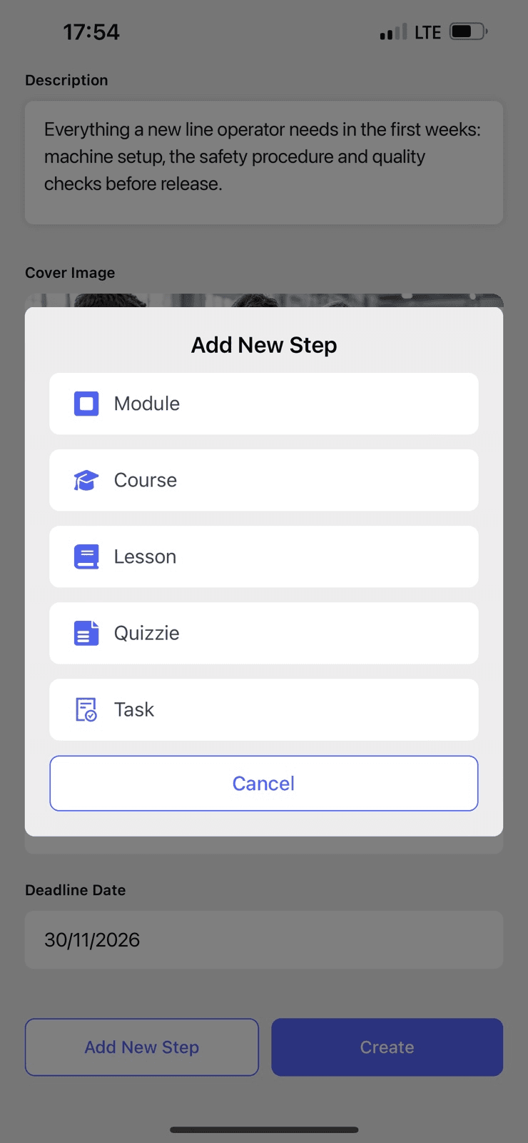 Adding a step to the onboarding: choose a module, course, lesson, quiz or task