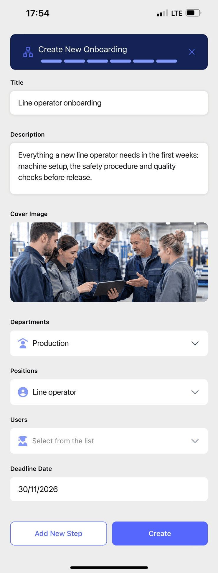 Creating an onboarding in the MindForge app: Line operator onboarding with a description, a cover image, the Production department, the Line operator position and a deadline