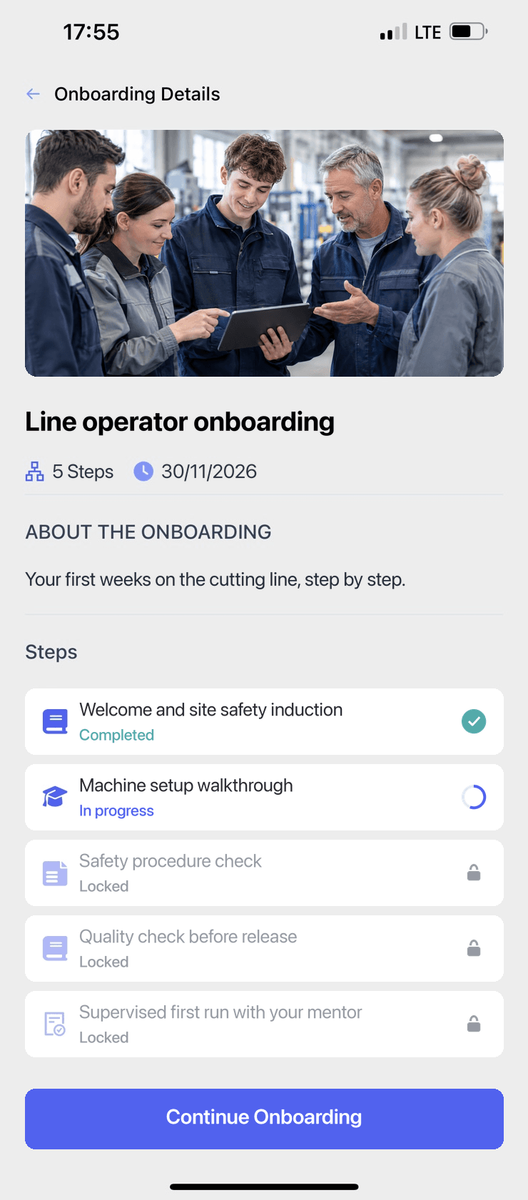 A new starter's onboarding in the MindForge app: five steps, the first completed, the second in progress and the rest locked