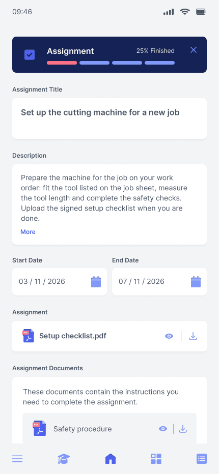 A practical assignment in the MindForge app: set up the cutting machine for a new job, with a setup checklist and the safety procedure
