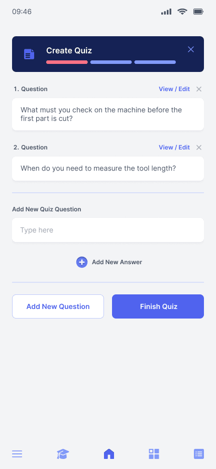 Creating a quiz for a lesson in the MindForge app, with two questions about the machine setup