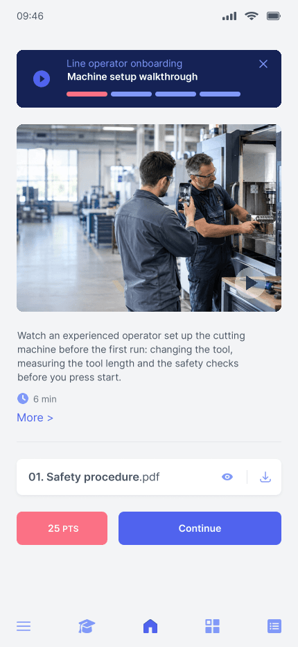 A lesson in the MindForge app: Machine setup walkthrough with a recorded video and the Safety procedure PDF